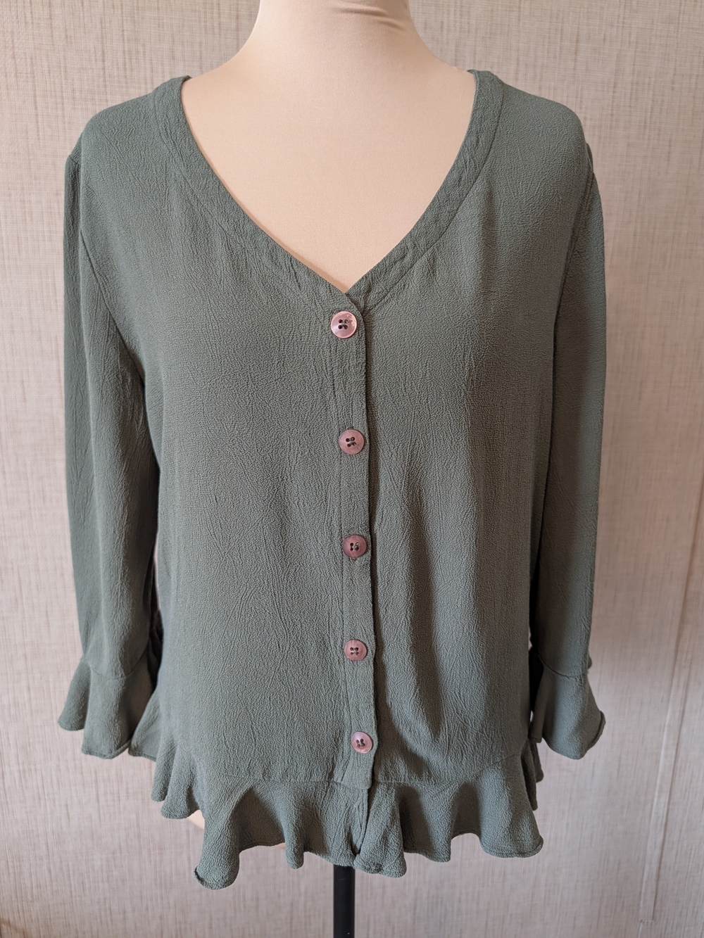 Carole Little Vintage Olive Green Button-Down Ruffle Hem Blouse